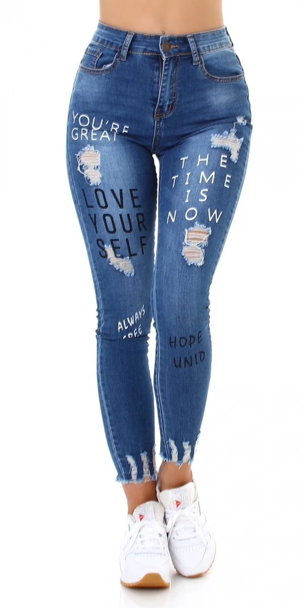 Röhren High Waist 7/8 Skinny Jeans im Used-Look mit Print