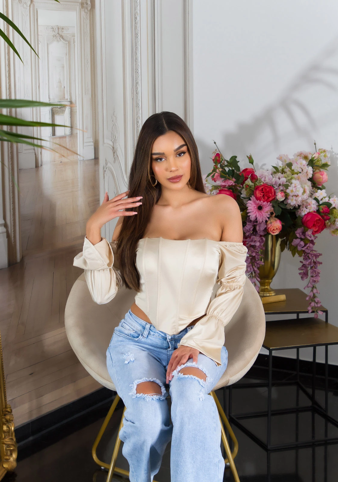 Satin Look Off Shoulder Crop Blusen Top mit Corsagen-Effekt