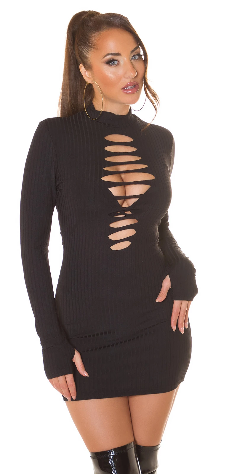 Turtle Neck Rippstrick Langarm Minikleid mit Schlitz-Cutouts