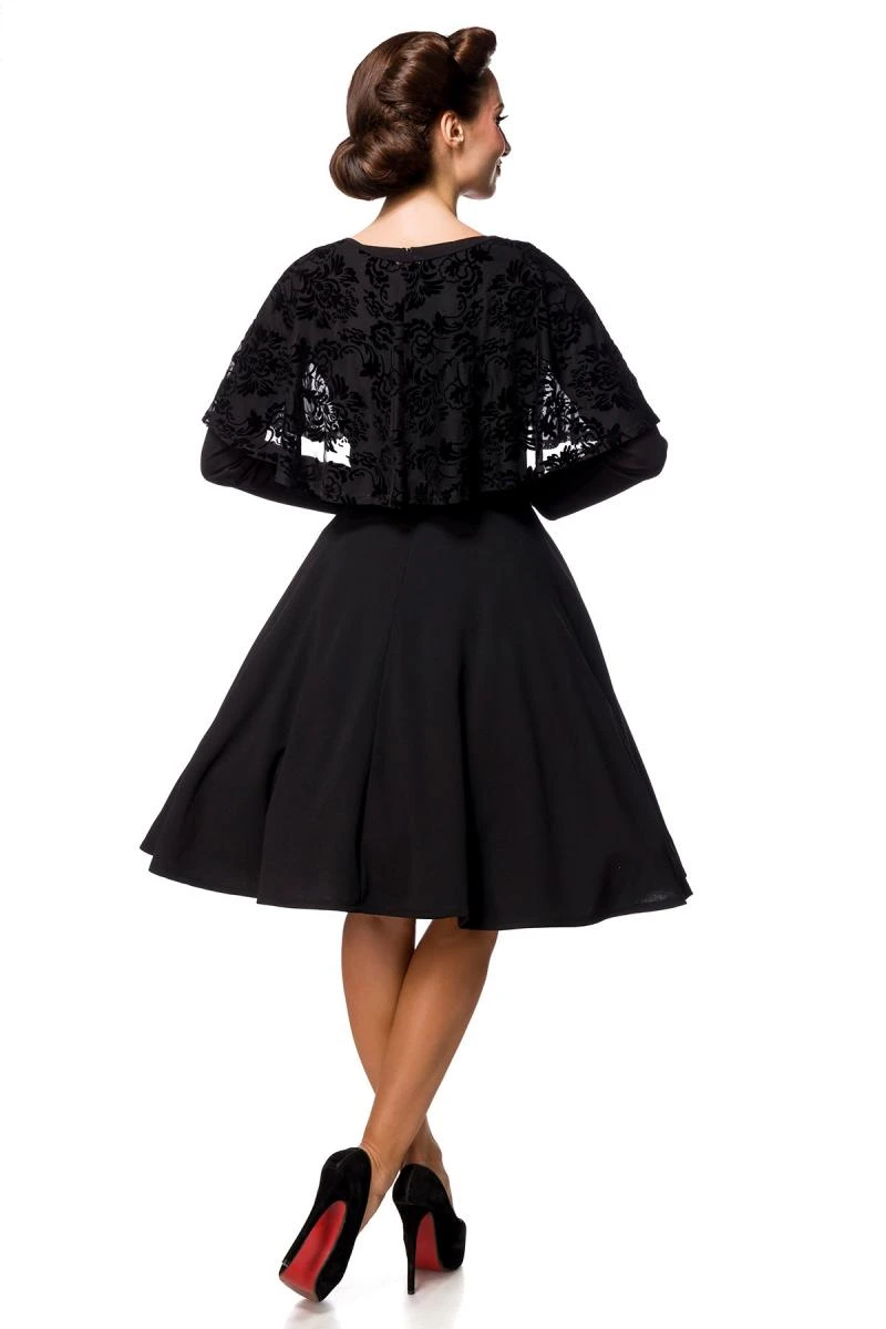 Retrokleid mit Cape aus Netz mit floralem Muster und samtigem Flockdruck