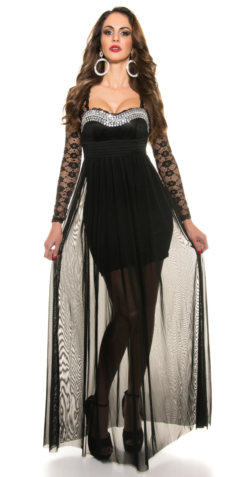 Cocktail Maxi Kleid mit Spitze Chiffon und Deko Strass