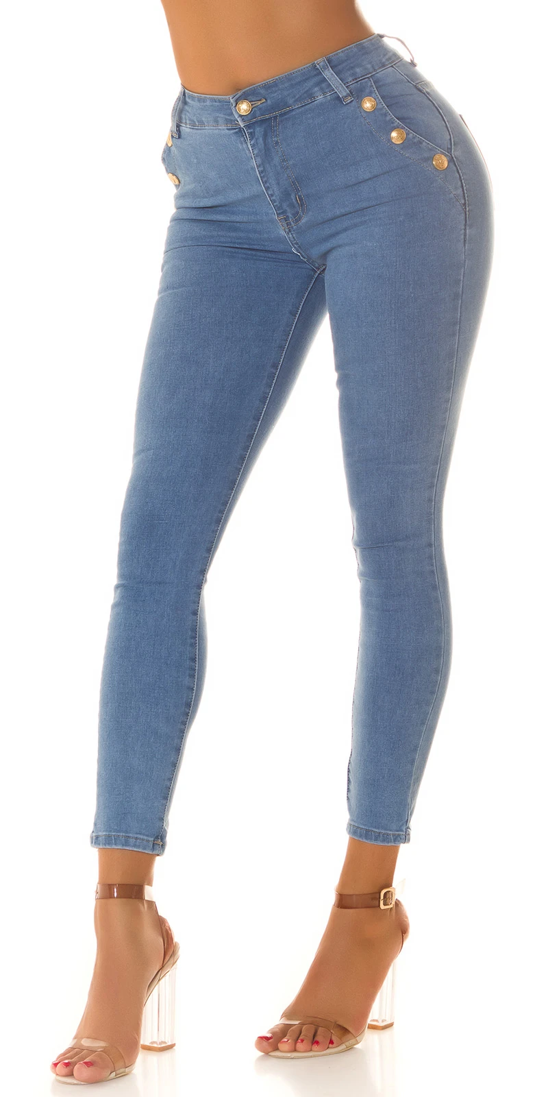 Highwaist Skinny Jeans Stretch Hose Röhrenjeans mit goldenen Deko Knöpfe