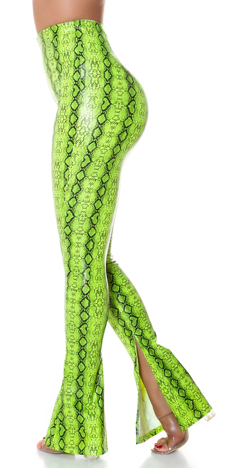 High Waist Snake Printed Leder Look Leggings mit Schlag