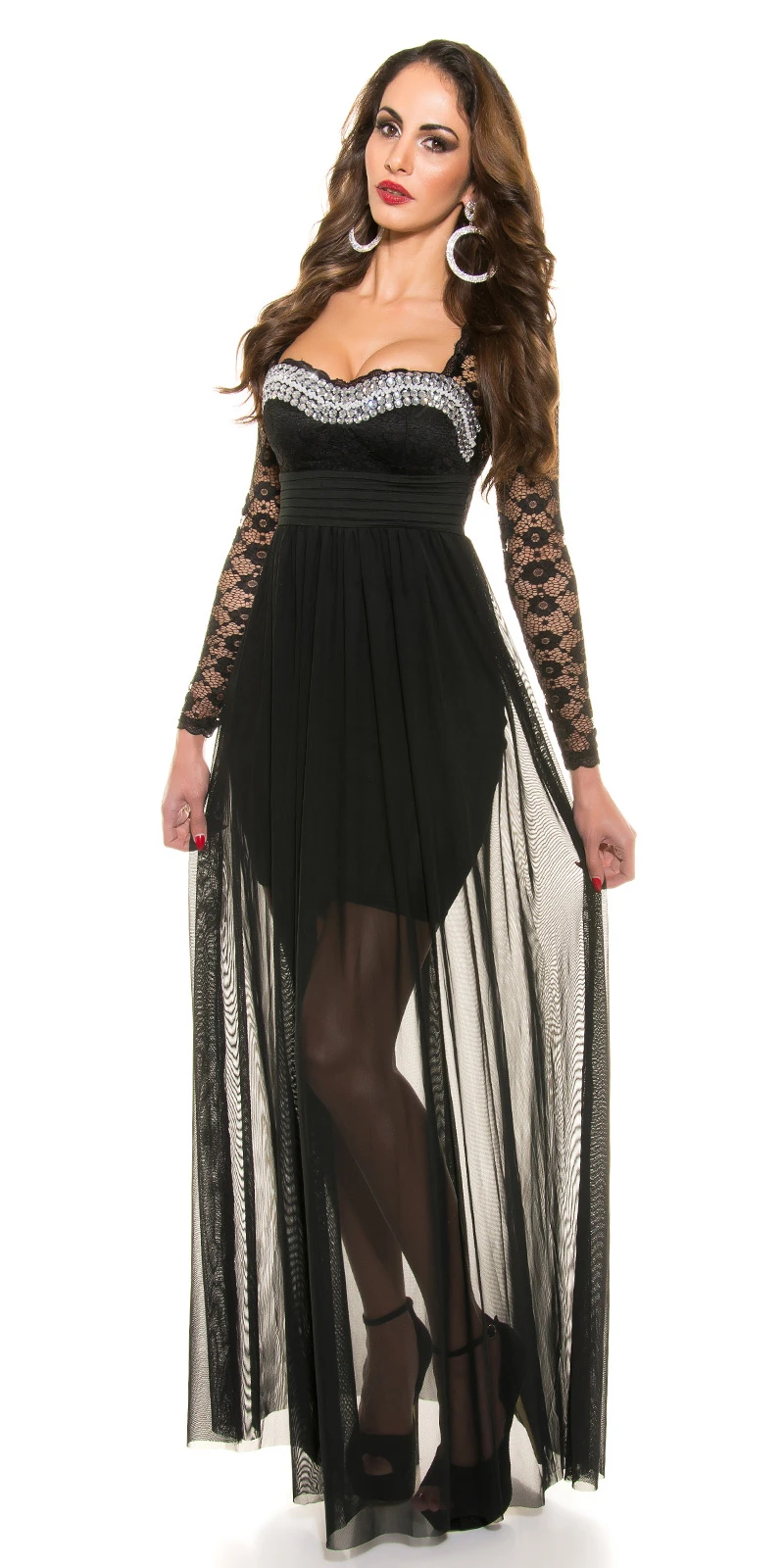 Cocktail Maxi Kleid mit Spitze Chiffon und Deko Strass