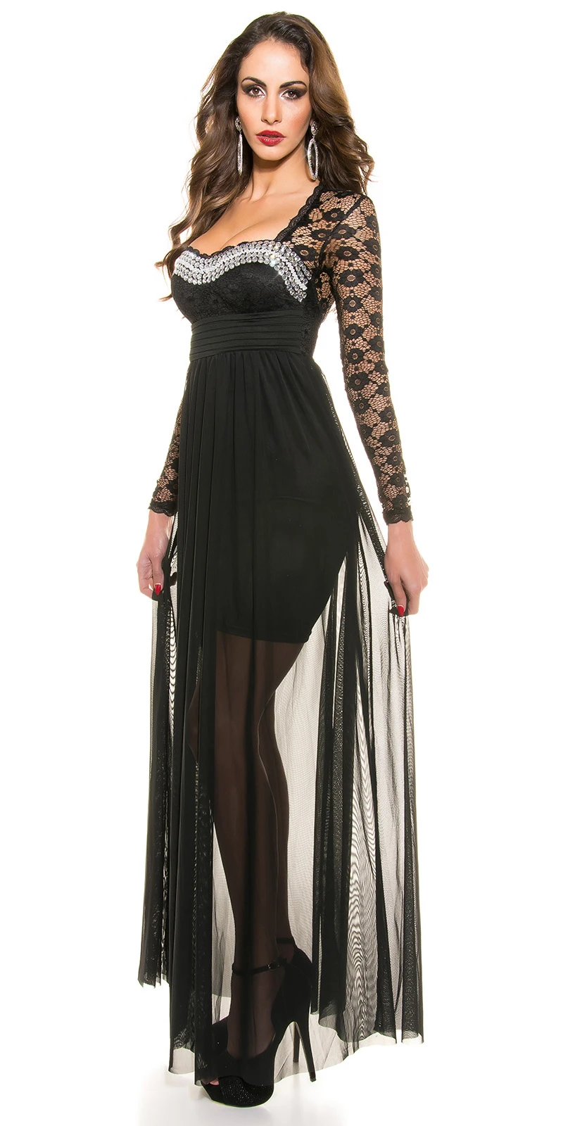 Cocktail Maxi Kleid mit Spitze Chiffon und Deko Strass