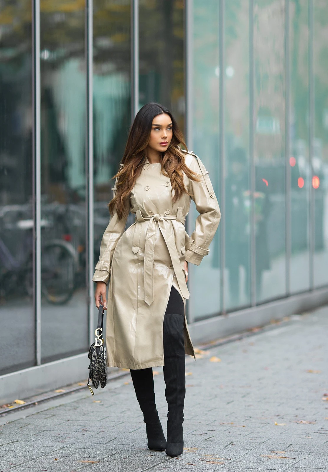 Kunstleder Trenchcoat Leder Look Mantel Business Mantel Tailliert Gürtel Kurzmantel