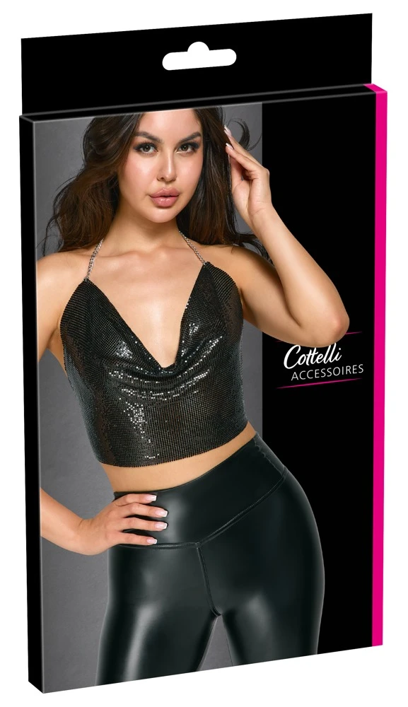 Rückenfreies Party Crop-Top von Cottelli ACCESSOIRES mit tiefen Wasserfall-Ausschnitt. Metallisches Kettenoberteil Clubwear Nachtclub