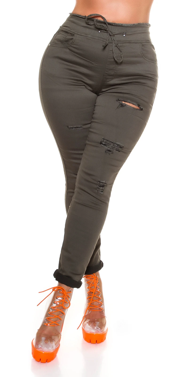 Curvy Slim Fit High Waist Jeans mit Risse und Tunnelzug-Bändel