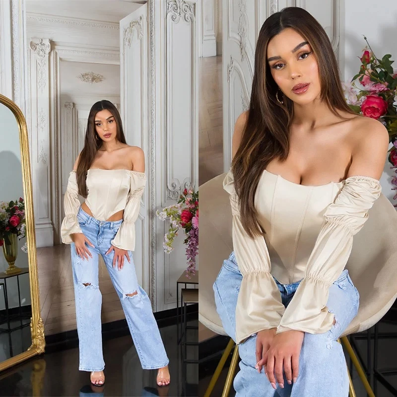 Satin Look Off Shoulder Crop Blusen Top mit Corsagen-Effekt