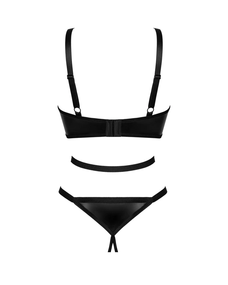 Obsessive schwarzer Body ouvert in Harness-Optik. Aufregender Style mit Stoffpartien im Wetlook, elastischen Riemen und dekorativen Ringen.