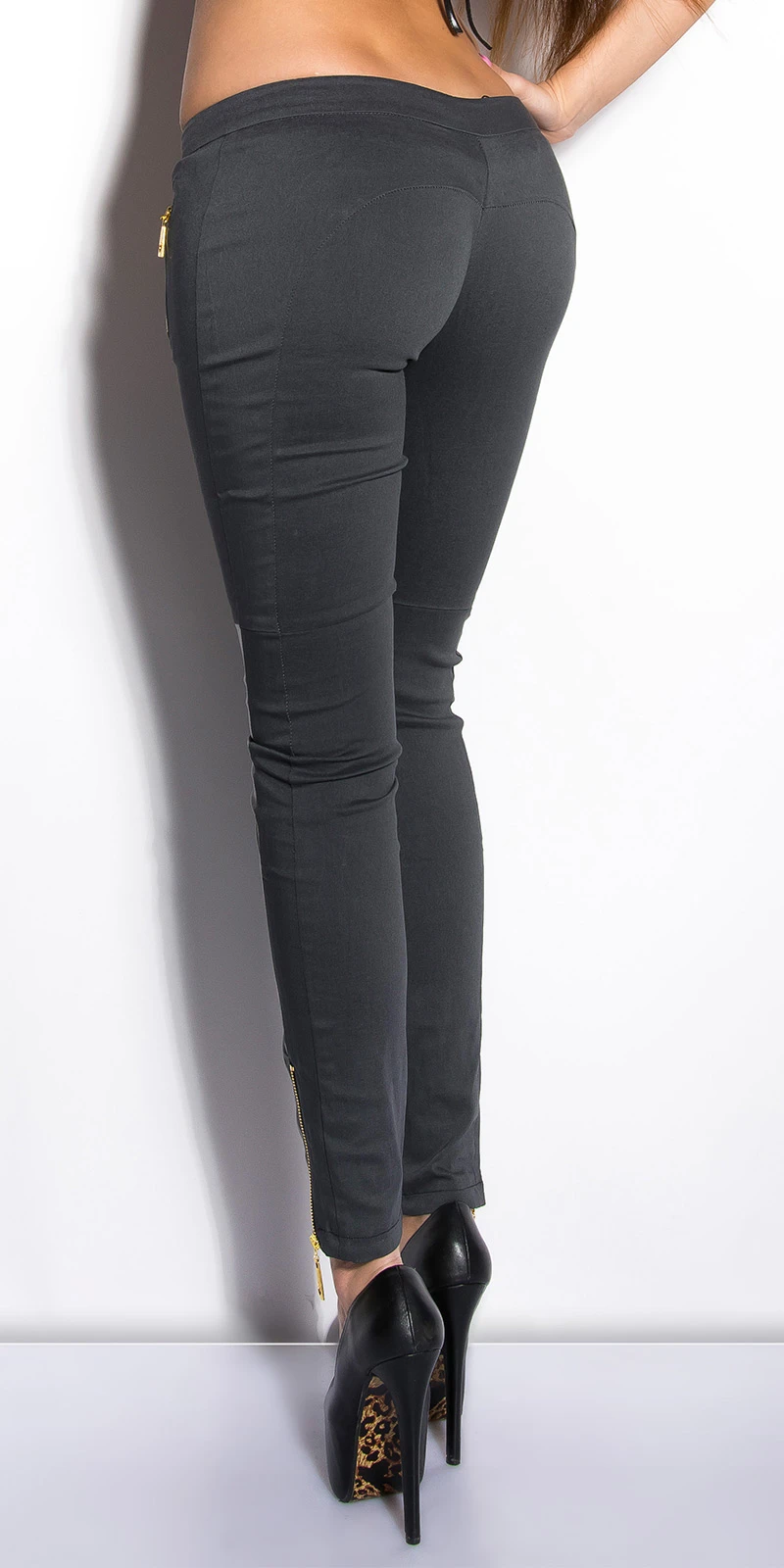 Skinny Hüft Stretch Hose mit Leder-Look-Touch und Deko Zipper