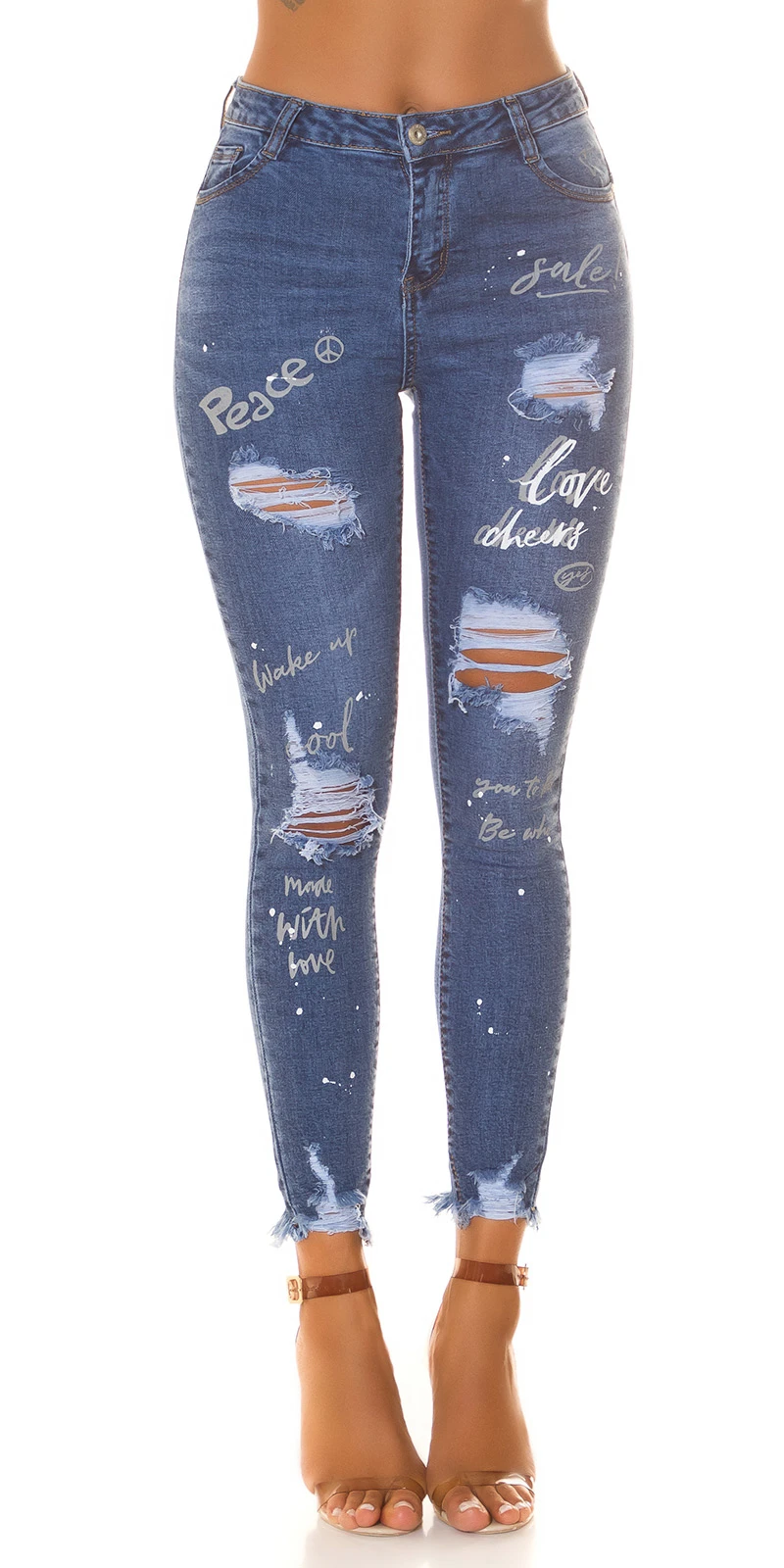 Printed High Waist Skinny Jeans Röhre Hose im Destroyed Look mit Löcher Risse Fransig