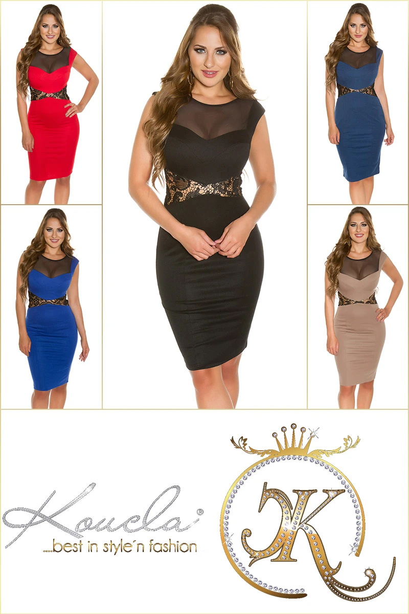 Elegant Cocktail Midi Kleid mit Mesh- und Spitzen-Einsatz