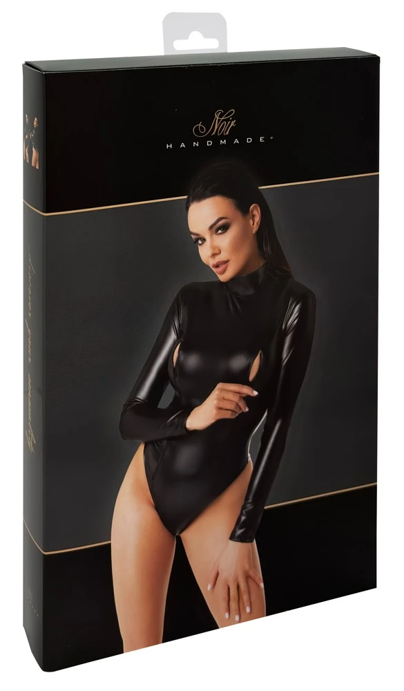 Noir Handmade Schwarzes Powerwetlook Langarm Body, 2-Wege-Reißverschlüssen über den Brüsten, Sexy Figurbetont