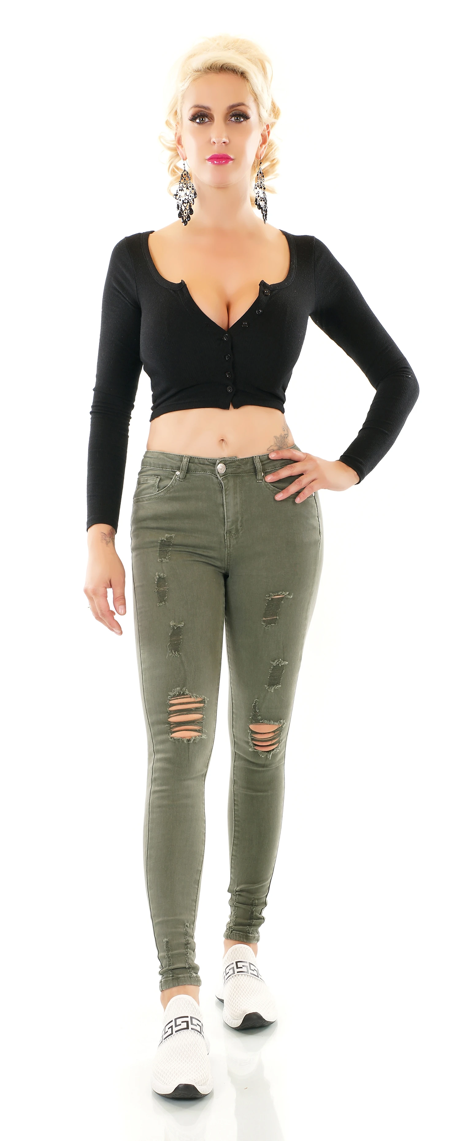 Coloured Destroyed Skinny Used Look Jeans im Midi Waist-Style