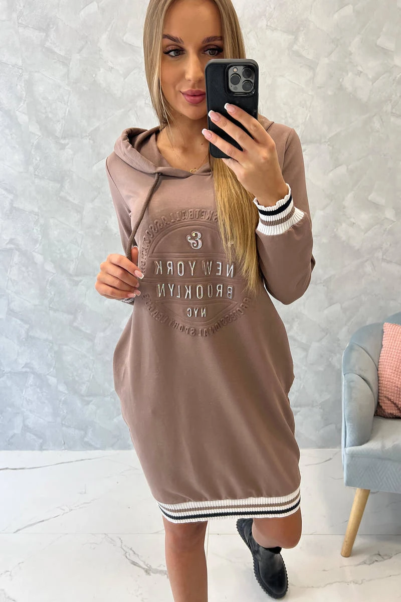 Damen Kapuzenkleid Hoddie Longpullover Sweatkleid Langarm Kleid Knielang Midikleid Print