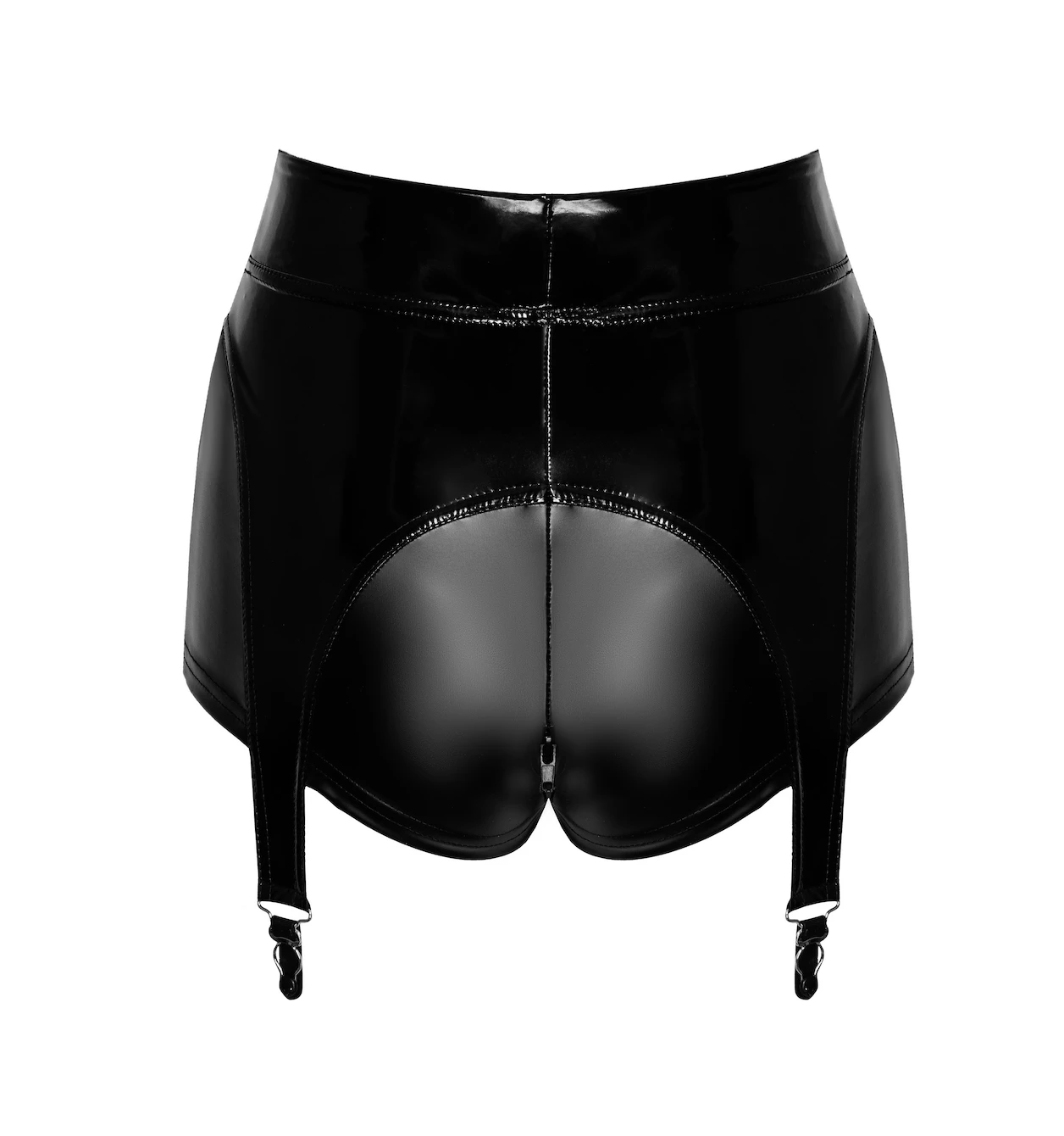 Wetlook Shorts mit PVC Strumpfhaltern F325 Noir Handmade 2-Wege-Reißverschluss