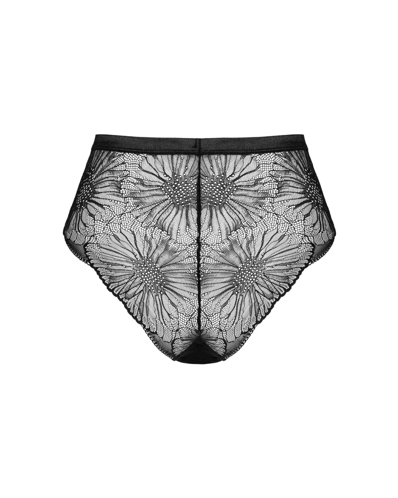 Obsessive Raffiniert geschnittener High Waist Slip in schwarzer Transparenz mit extravaganter Floralspitze. Vorne mit verführerischen Cut-out