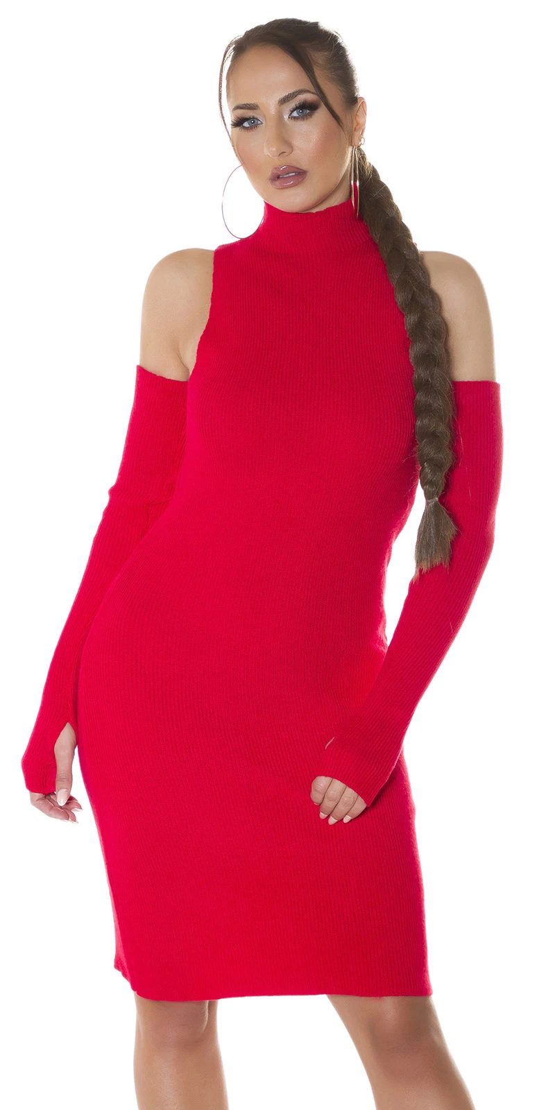 Rippstrick Business Turtle Neck Midi Kleid mit Armstulpen