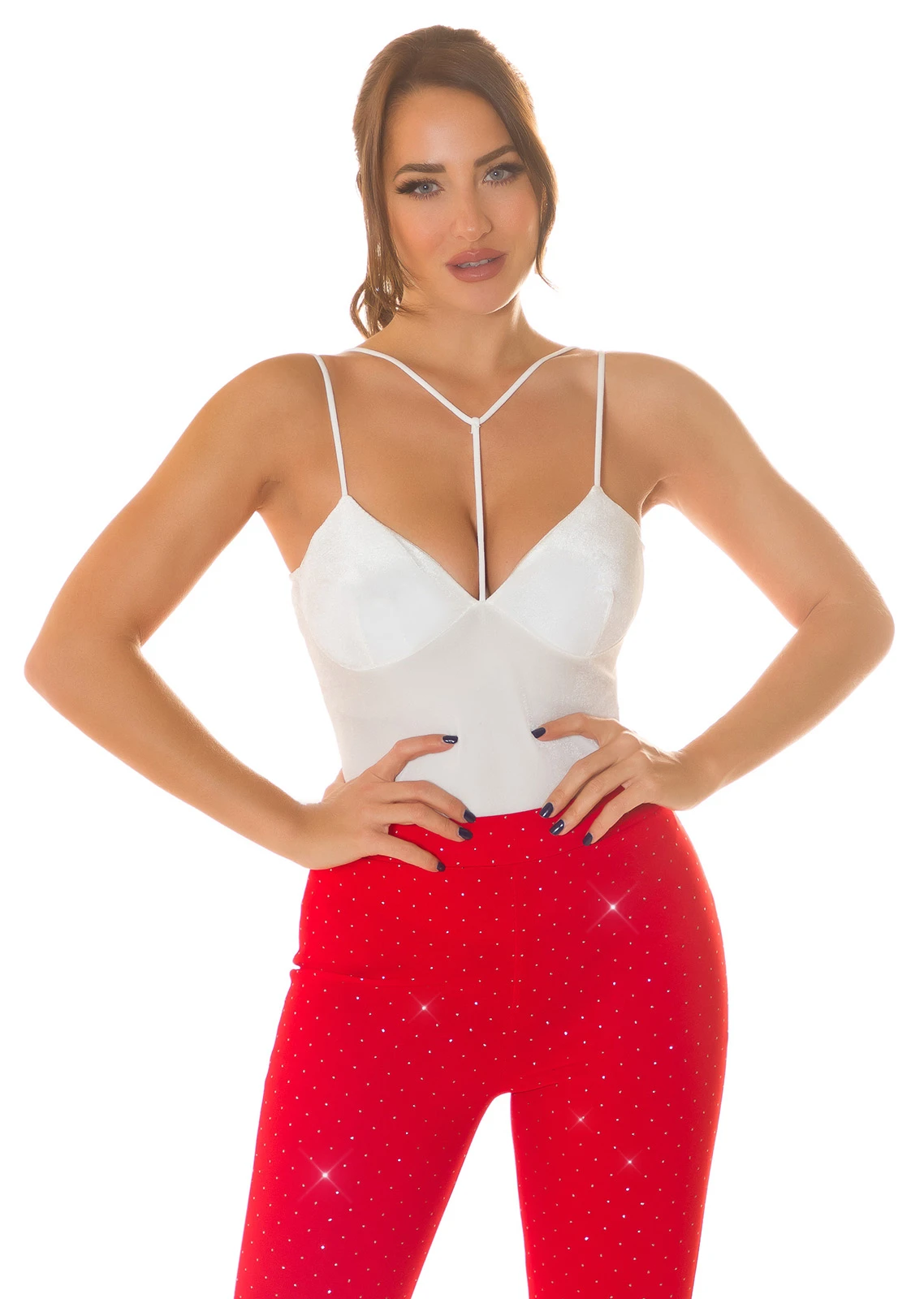 Damen Samt Look Top Trägertop Partytop mit V-Neck V-Ausschnitt und Cups