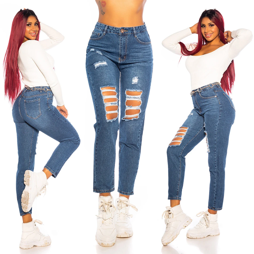 Destroyed Mom Fit Jeans mit Löcher