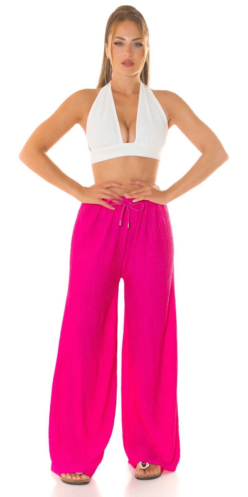 Uni High Waist Plissee Marlene Hose Lang Sommerhose mit weitem Bein