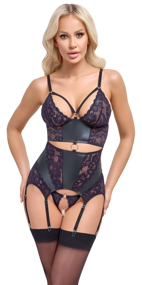 Cottelli LINGERIE Unterwäsche aus Spitze mit Strapshemd & String ouvert im Set