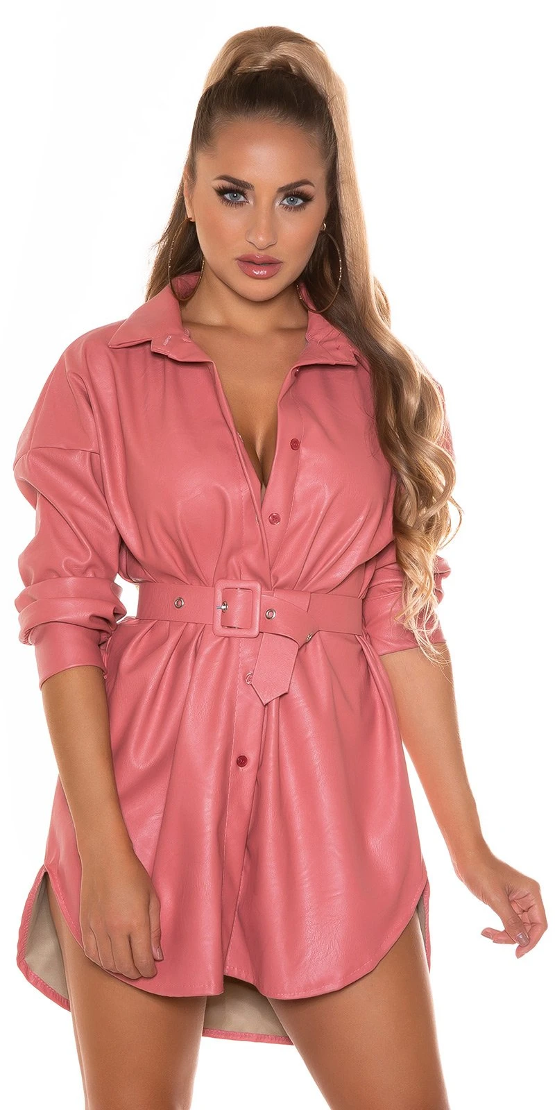 Kunstleder Blusen Kleid Long Bluse mit Gürtel