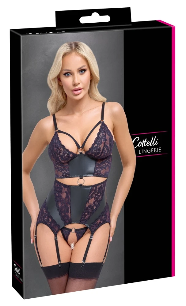 Cottelli LINGERIE Unterwäsche aus Spitze mit Strapshemd & String ouvert im Set