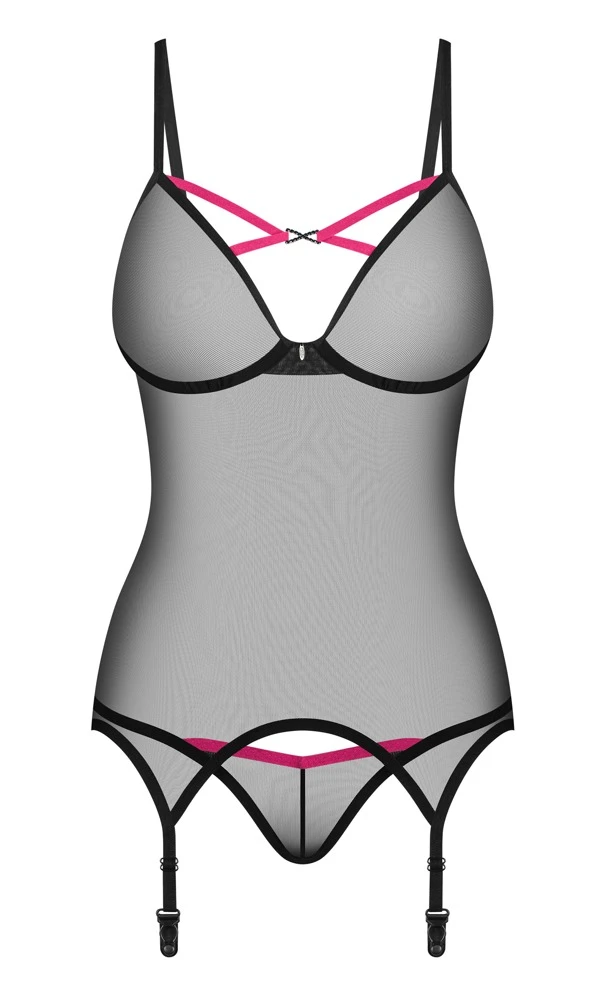 Strapshemd und String im Set, Lingerie aus Powernet mit Strapshalter, Strasselement