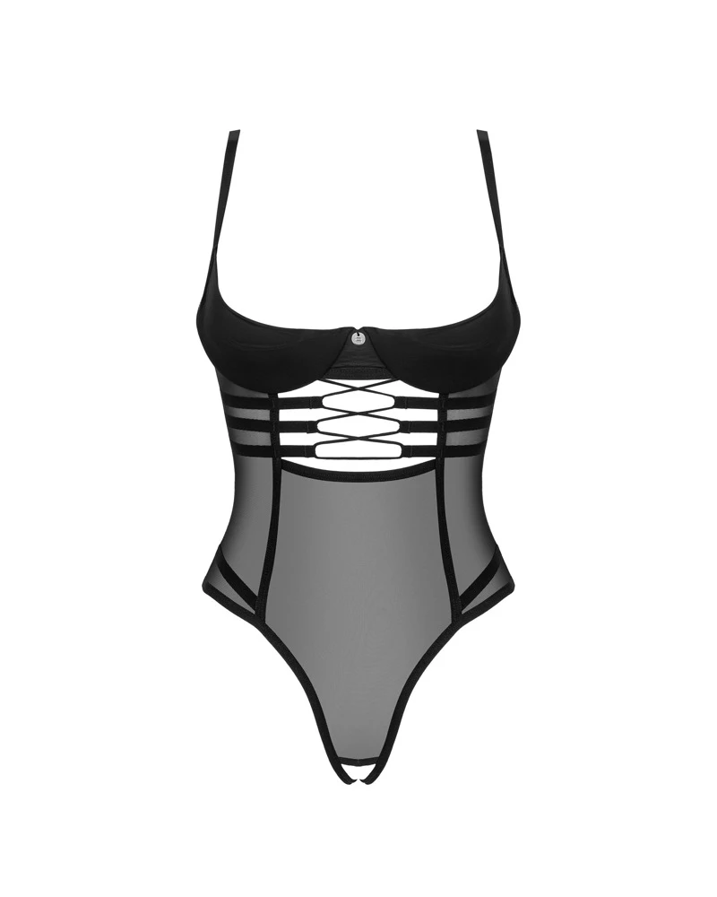 Obsessive knapp geschnittener, schwarzer Stringbody ouvert Roxelia. Zeigefreudiger Style aus transparentem Tüll mit vorteilhaften Streifen.