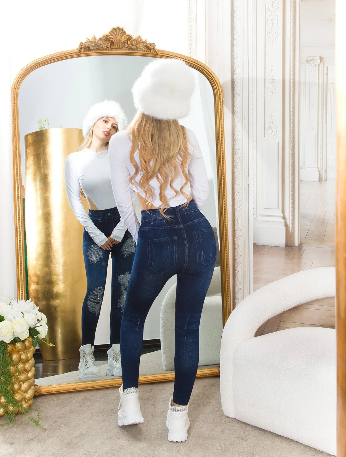 Stylische Highwaist Leggings im Used Jeans Look mit Glitzer, für einen trendigen, rockigen Style mit funkelnden Akzenten!