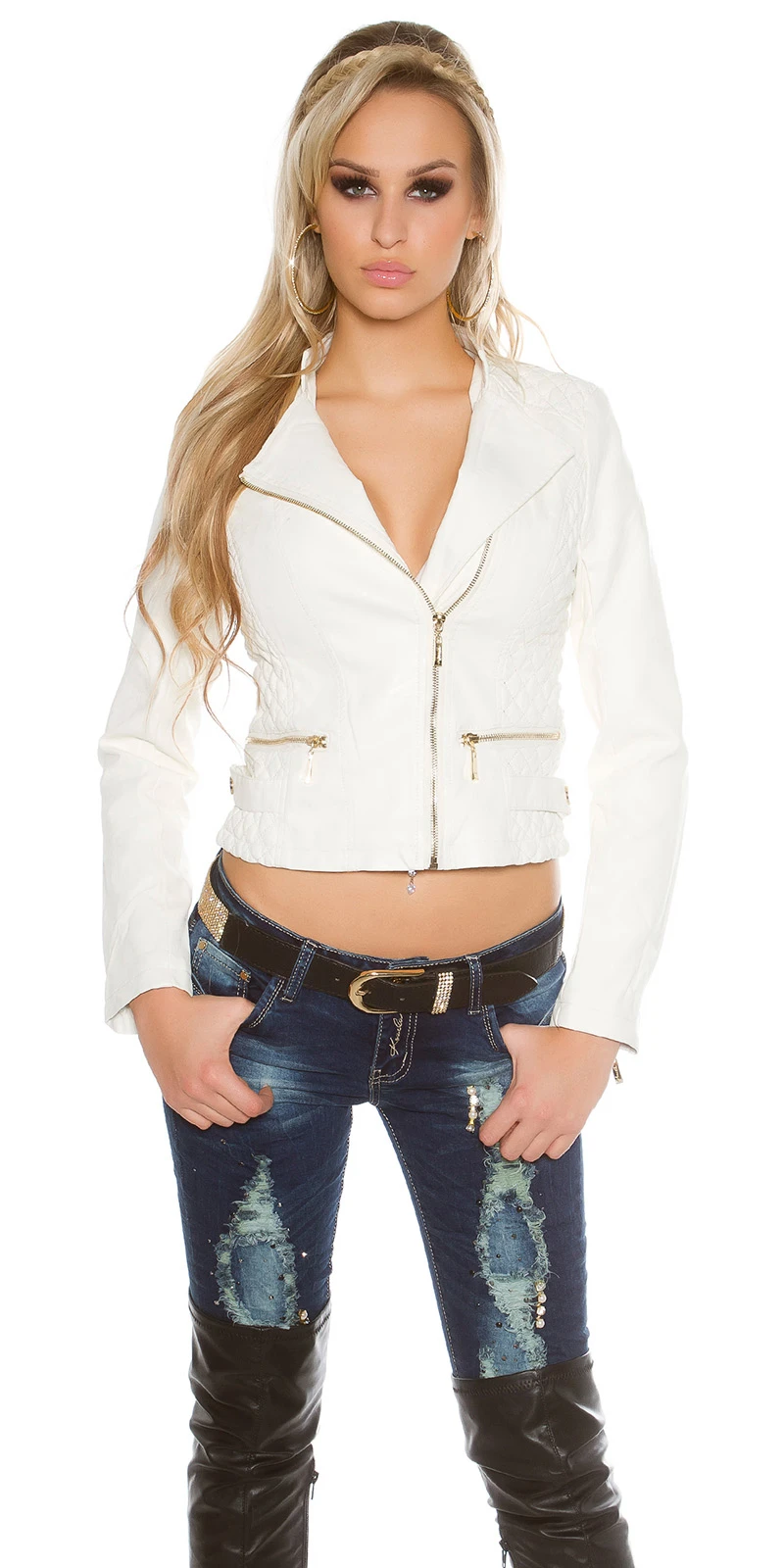 Uni Lederimitat Biker Jacke mit schrägem Zipper