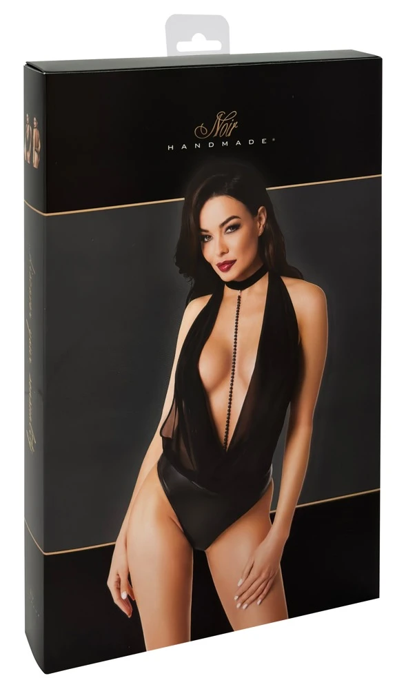 Noir Handmade Body aus Powerwetlook schimmerndem Powernet Oberteil, Perlenkette abnehmbar, Sexy Rückfrei,