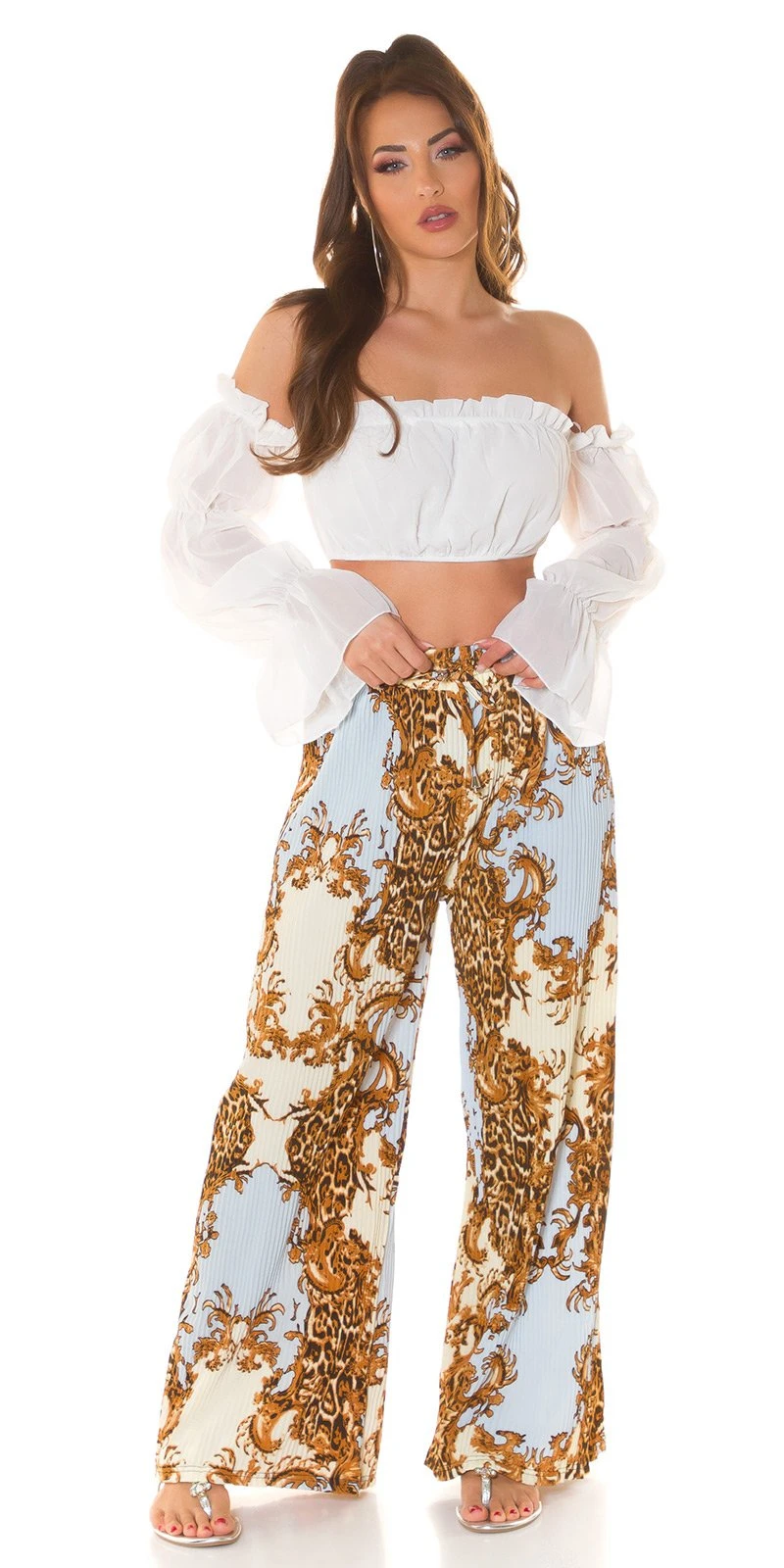 Glamour Printed High Waist Plissee Marlene Hose