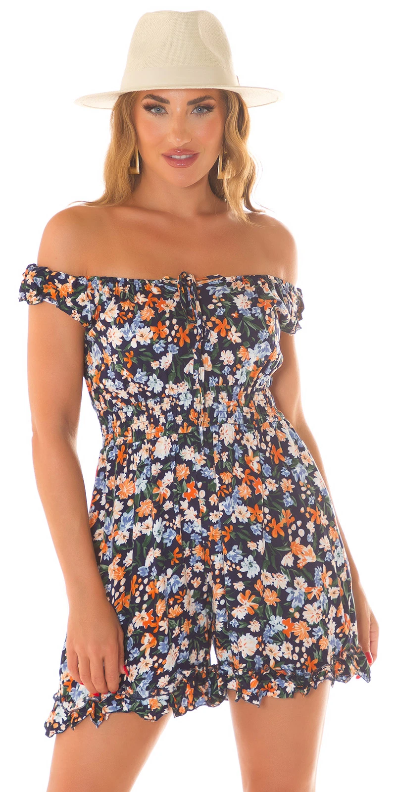 Kurzer Off-Shoulder Jumpsuit mit Rüschenborte und Blumenprint