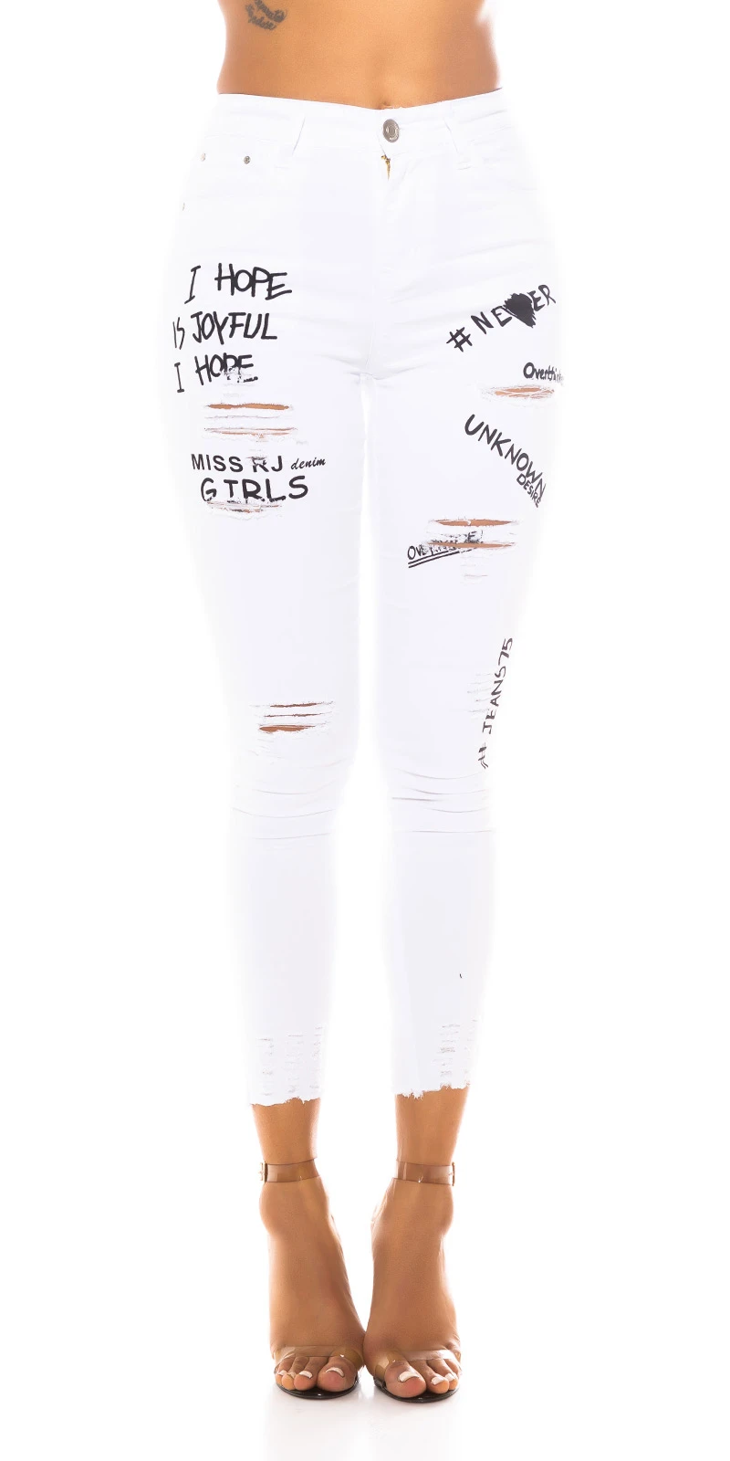 Destroyed Skinny High Waist Jeans mit Print und Risse