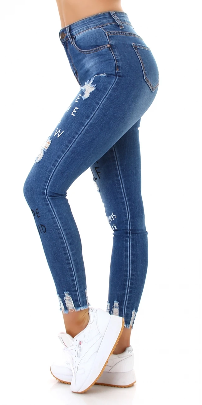 Röhren High Waist 7/8 Skinny Jeans im Used-Look mit Print