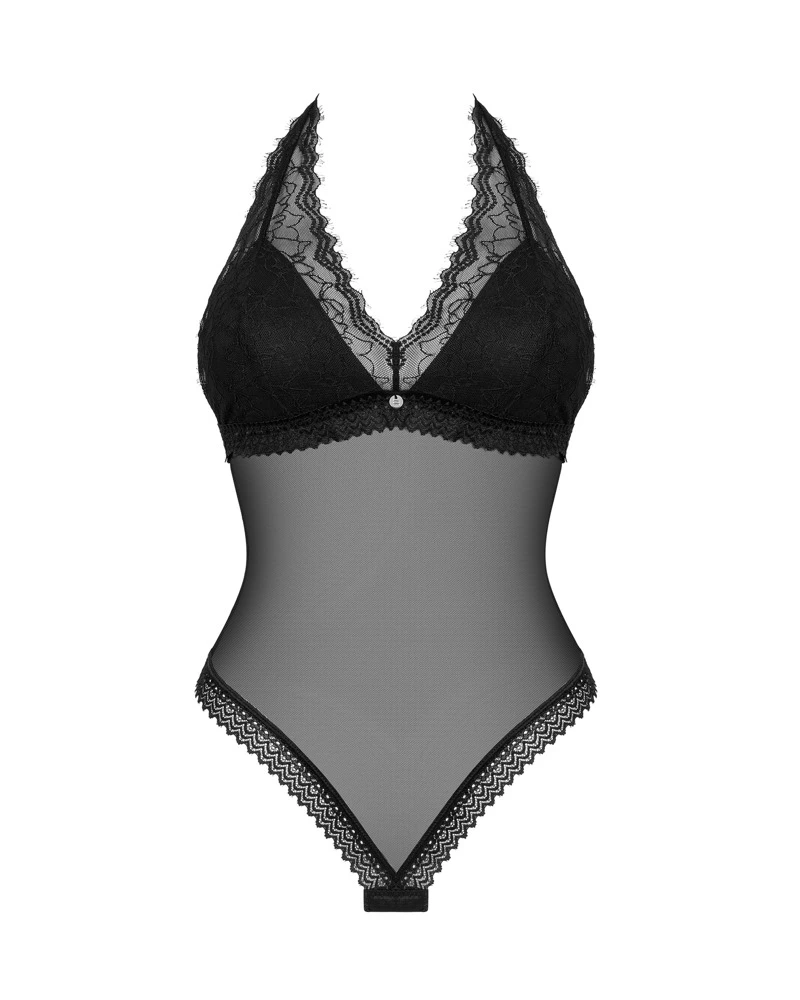 Obsessive Schwarz-transparenter, knapp geschnittener Stringbody  mit blickdicht unterlegten Cups. Feiner Material-Mix mit feiner Wimpernspitze.