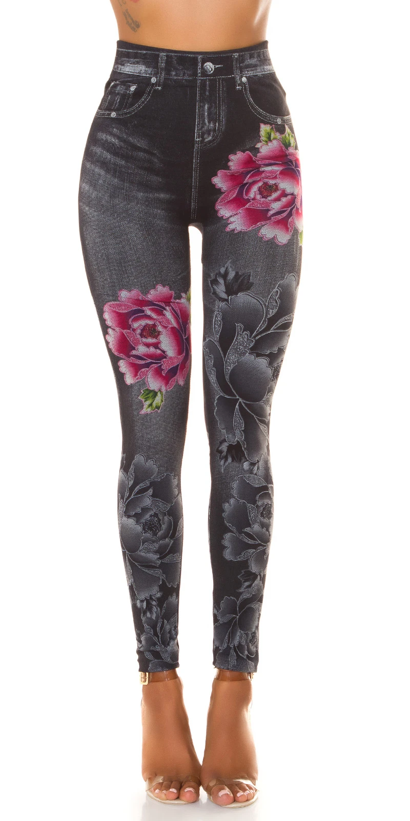 Flower Printed Stretch Jeans Look High Waist Leggings