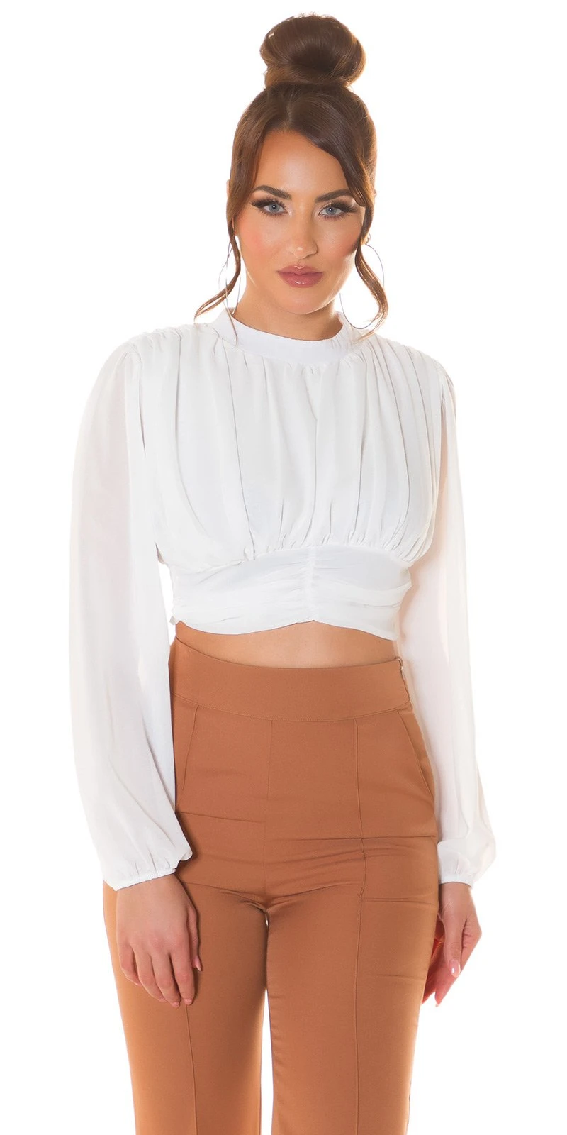 Cocktail Turtle Neck Crop Blusen Top mit Chiffon-Ärmel