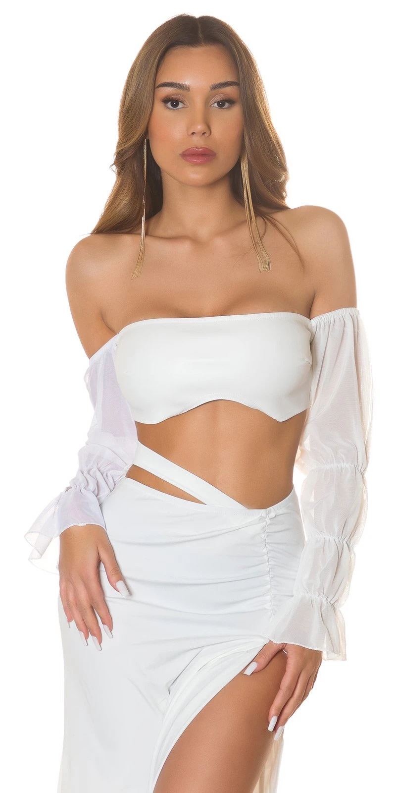 Off Shoulder Leder Look Carmen Crop Top Kunstleder Bustier Partytop mit Chiffon Ärmel Langarm