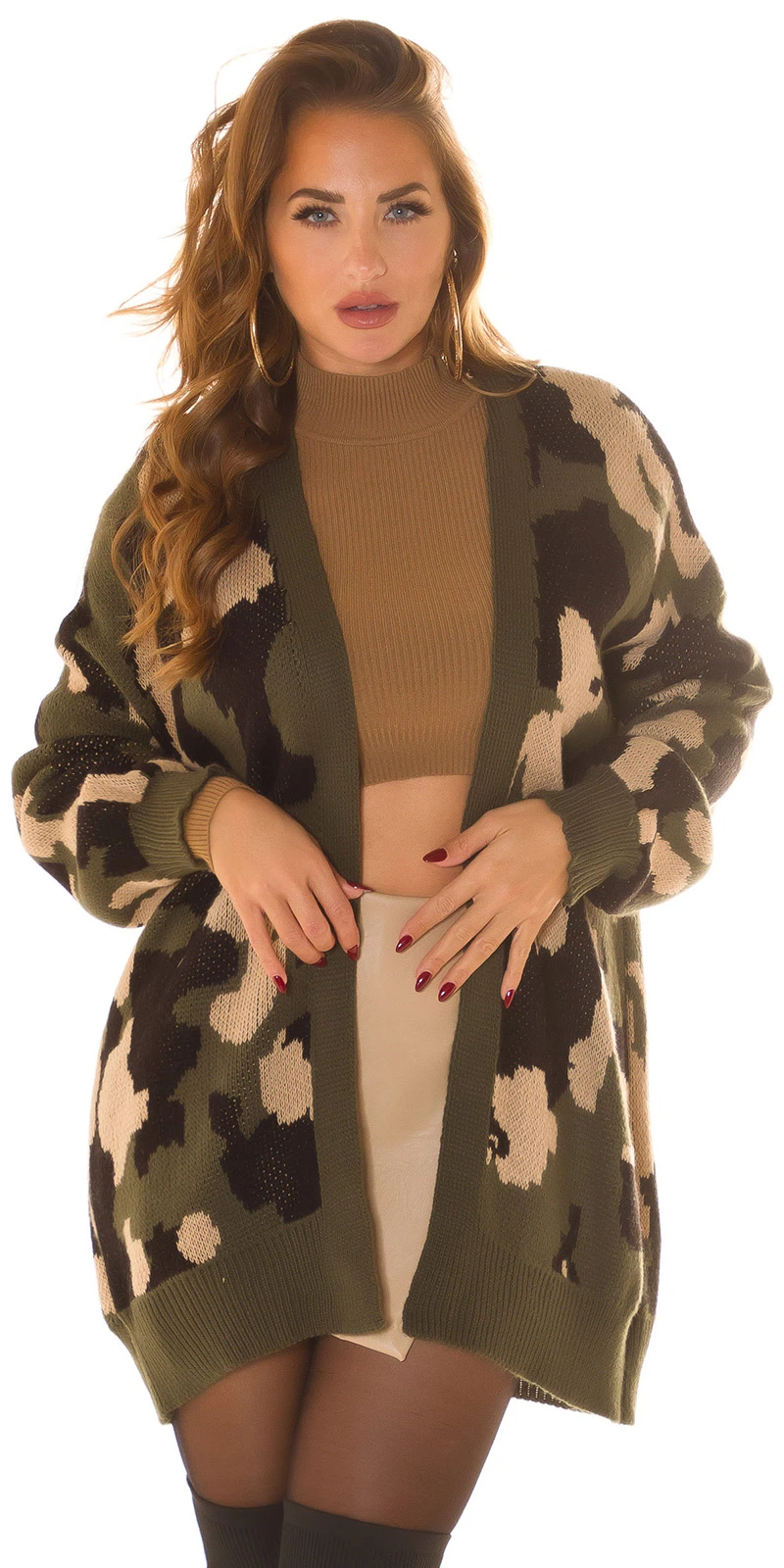 Oversize Winter Strickjacke Langarm Cardigan Camouflage Offene Front