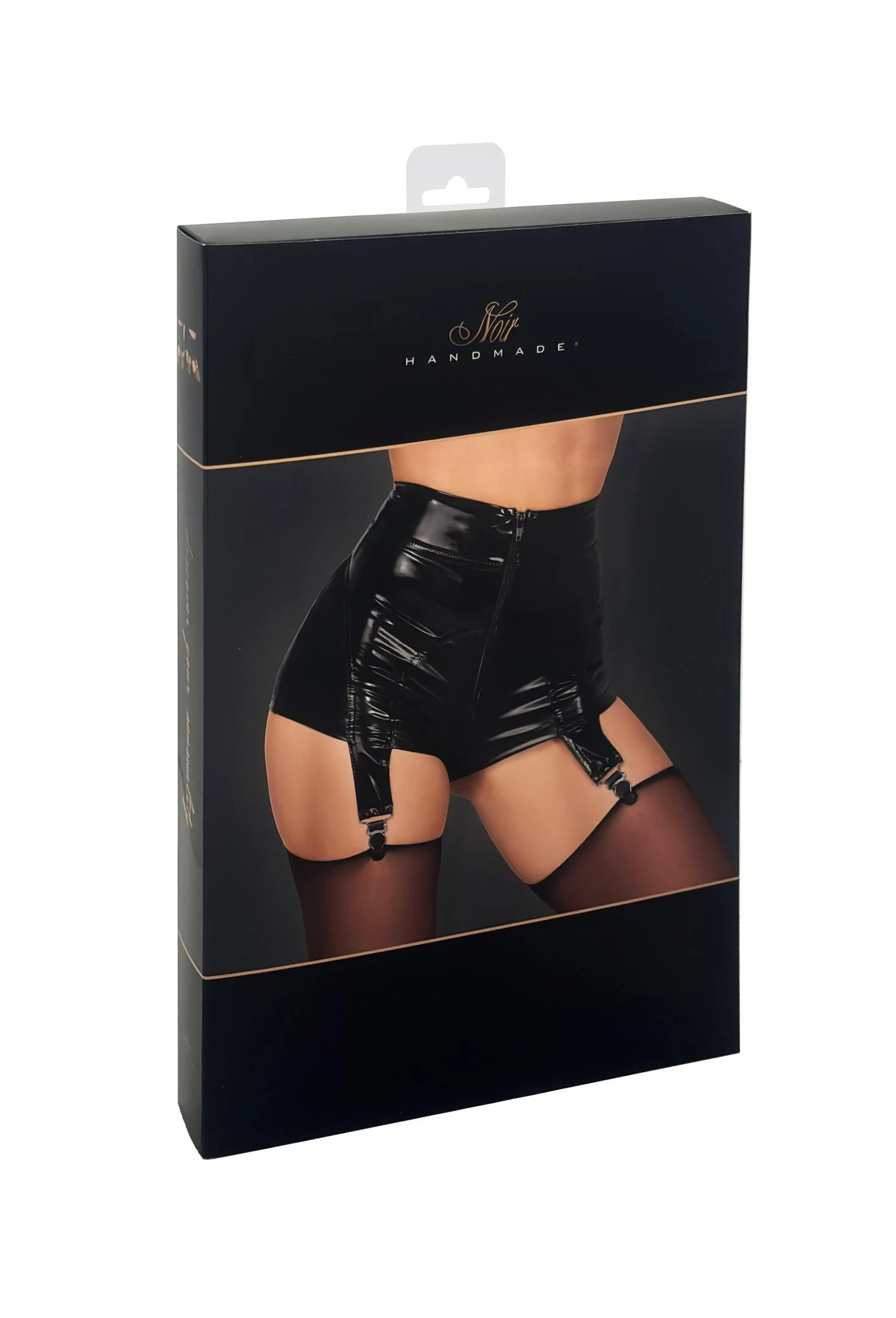 Wetlook Shorts mit PVC Strumpfhaltern F325 Noir Handmade 2-Wege-Reißverschluss