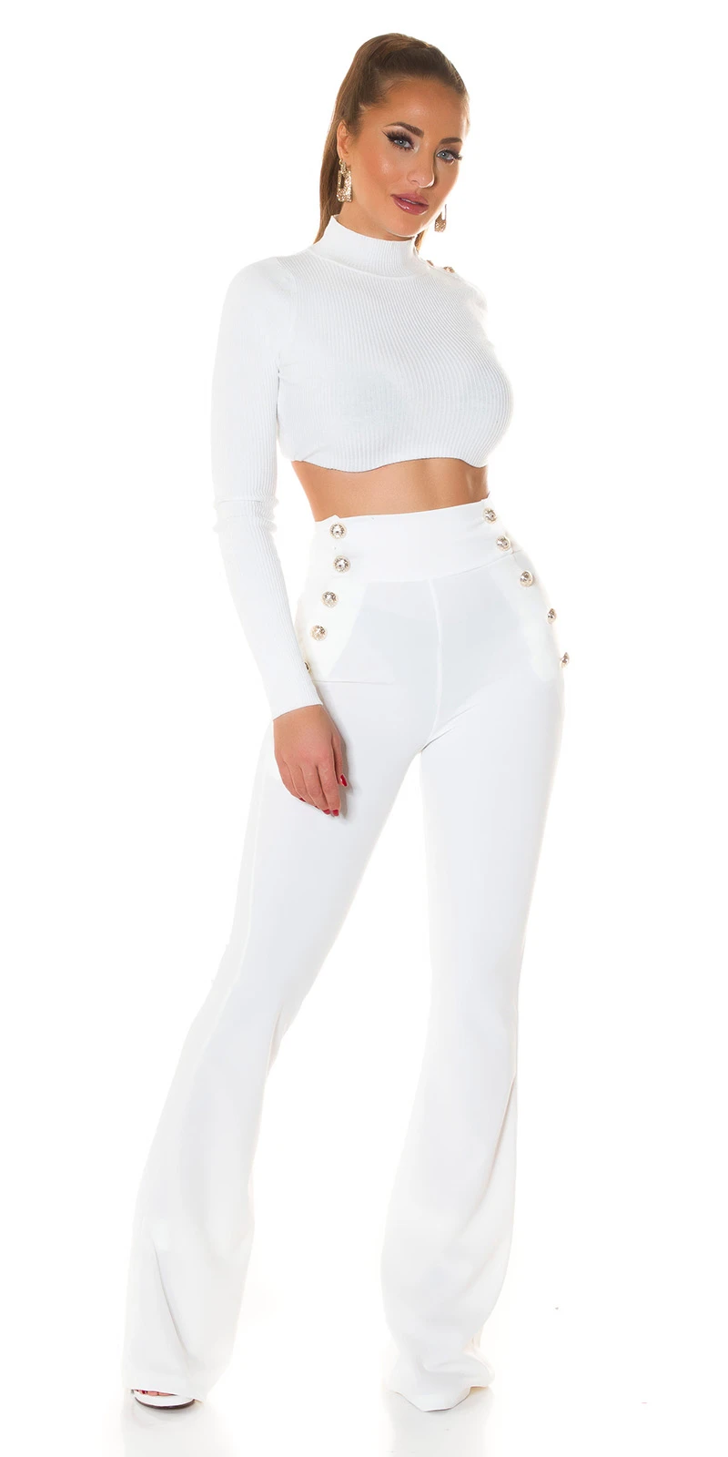 Stoff Business High Waist Schlag Hose mit Deko Knöpfe