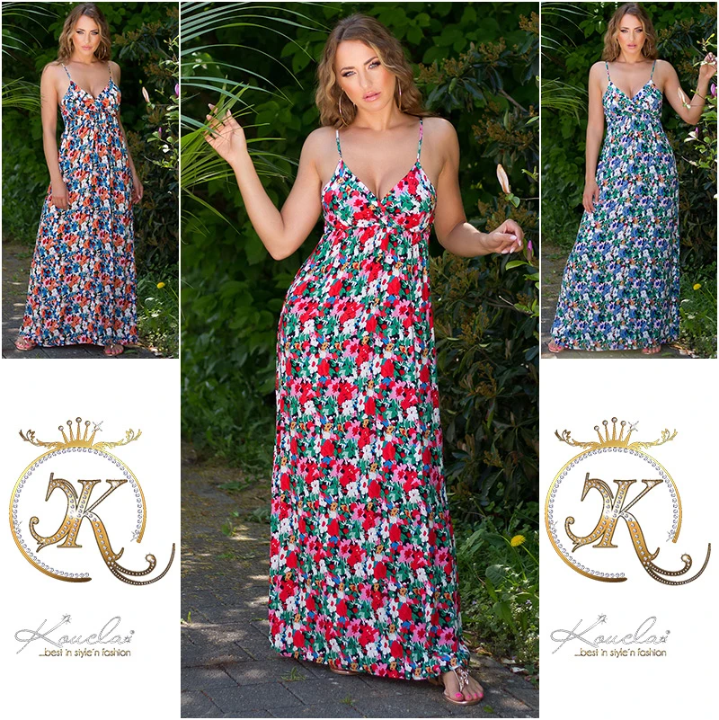 Flower Printed Träger Wickel V-Neck Maxi Viskose Sommerkleid