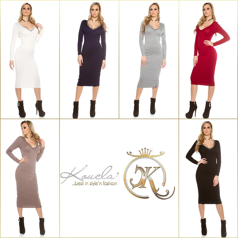 Business Strickkleid Midi Langarm V-Neck Feinstrick Knielang Kleid