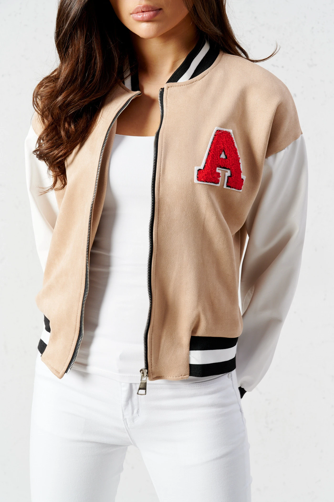 College Varsity Velour Leder Zipper Jacke mit Logo