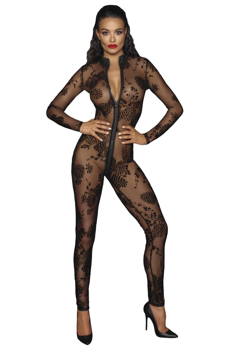 Tüll Overall Transparenter Bodystocking durchsichtig mit Flockstickerei