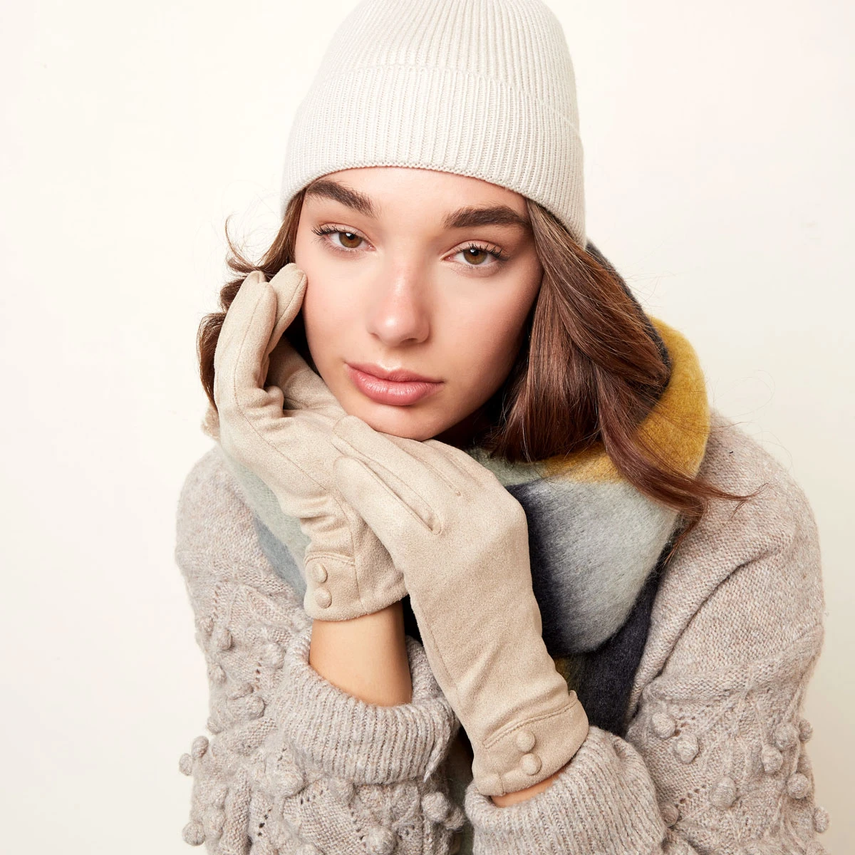 Casual Velour Leder Handschuhe mit Deko Knöpfe und Handy Touch